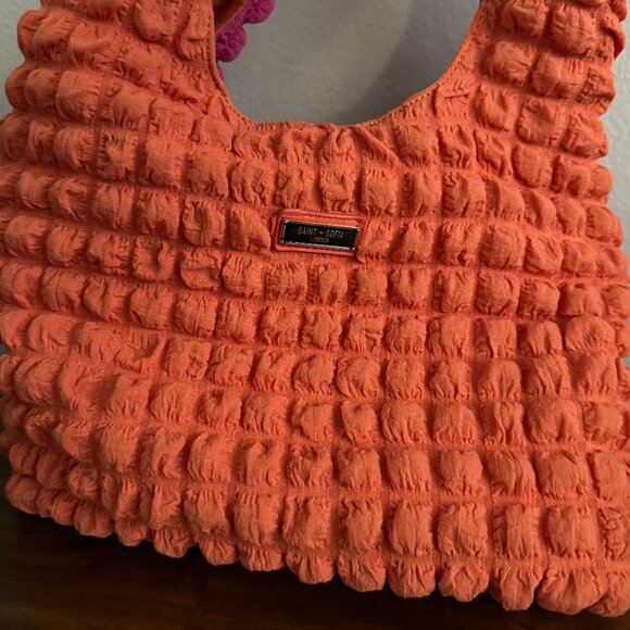 Saint + Sofia - Soho Quilted Shoulder Tote Bag in Orange/Pink Colorblock - Picture 5 of 5